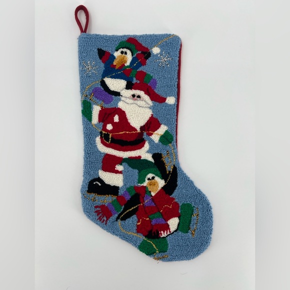 Vintage Hand Hooked Christmas Stocking | Santa Penguins | 17” Wool Backing - Picture 2 of 6